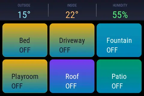 The openHASP wall panel: a temperature and humidity strip across the top, and a grid of room buttons including the new "Bed" control top-left