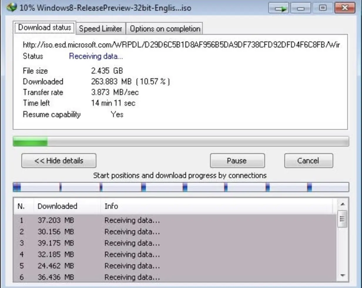 A 2012 Internet Download Manager window: a 2.4 GB Windows 8 ISO downloading at 3.873 MB/sec with 14 minutes remaining