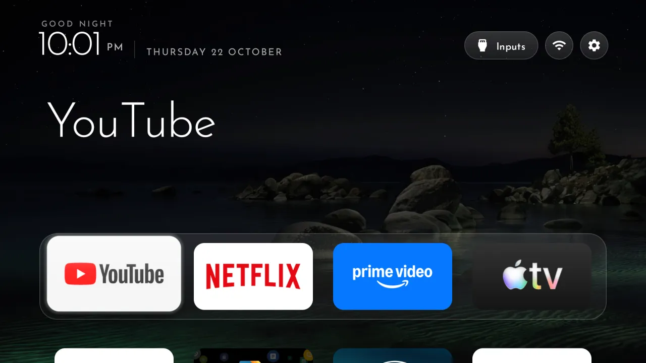Home screen at 10:01 p.m.: Lake Tahoe at night, greeting Good night