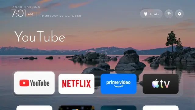 Home screen at 7:01 a.m.: Lake Tahoe at dawn, greeting Good morning