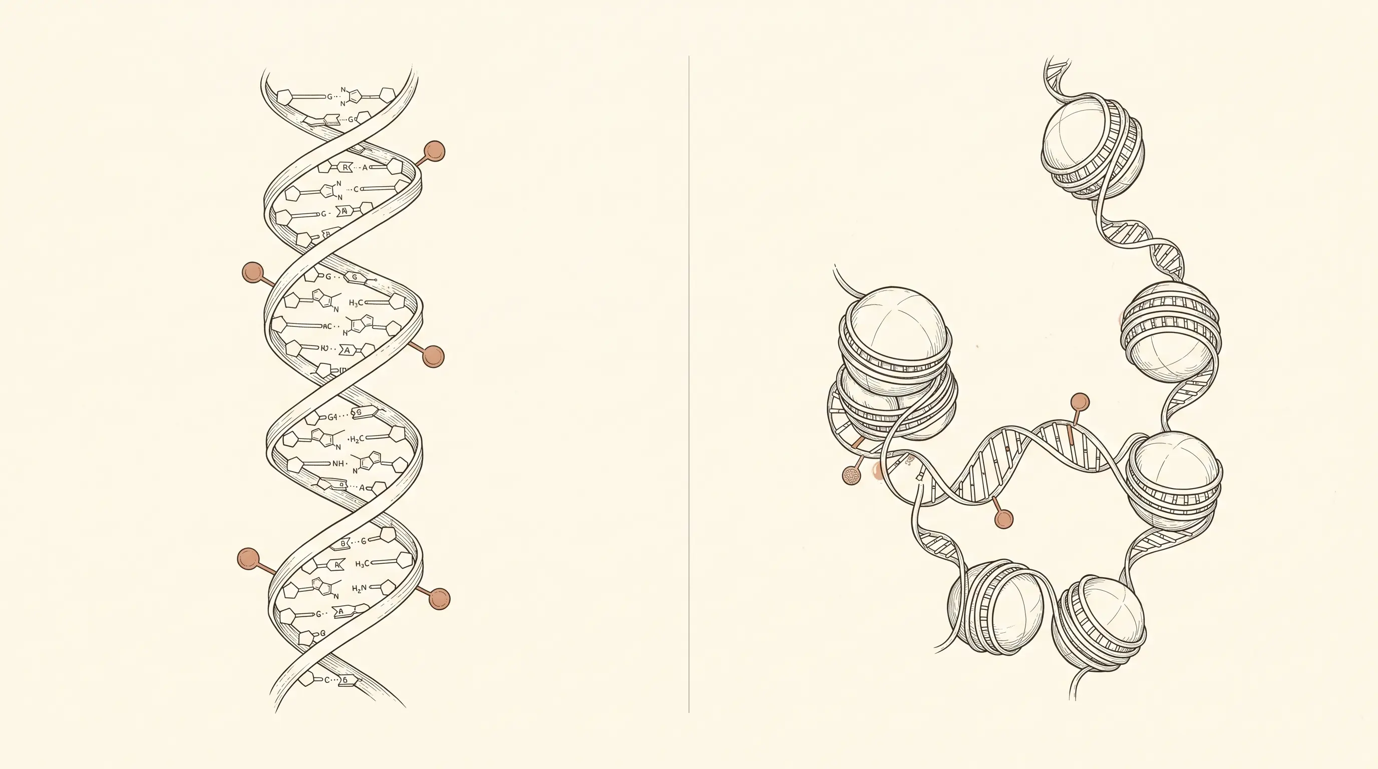 DNA with methyl tags on the left, DNA wound around histone spools on the right