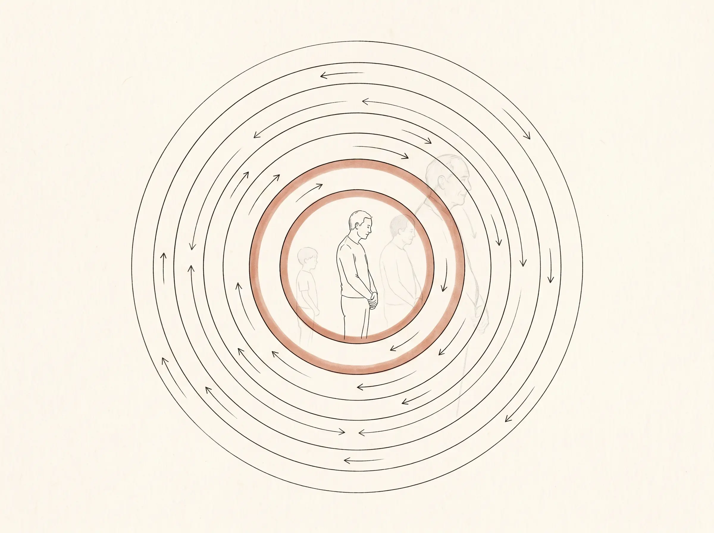 A figure at the center of concentric rings, ghosted at different ages, arrows flowing both ways