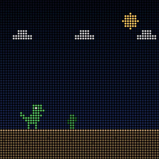 DINO: a green dinosaur running under clouds and a sun