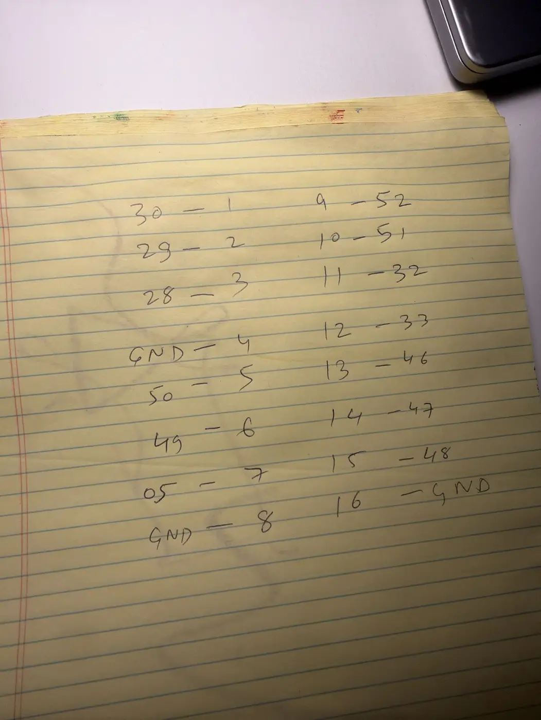 Handwritten pin map on a yellow legal pad, connector pins matched to GPIO numbers