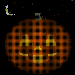 A black cat rises up in front of the pumpkin and meows
