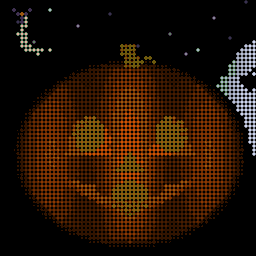 A ghost floats in, swallows the pumpkin and drifts around with it inside