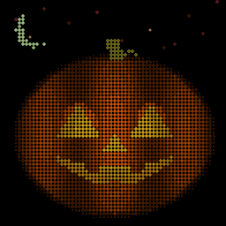 A purple spider drops down on its thread in front of the pumpkin and climbs back up