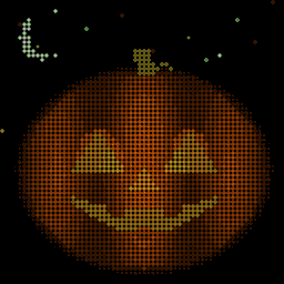 A witch on a broom flies across and zaps the pumpkin into sparkles